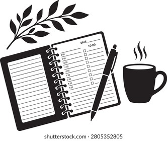 Open daily planner notebook with a pen and a cup of coffee next to a leafy branch, black and white for time management
