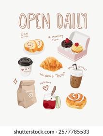 open daily slogan with cartoon bakery bun and coffee cups vector illustration