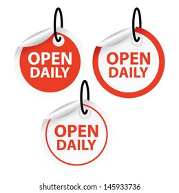 Open daily tags and stickers. Vector illustration