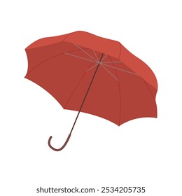 Open dark red umbrella, cute parasol for protection and comfort walk in rain vector illustration