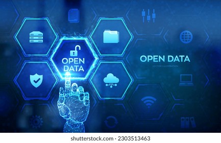 Abrir base de datos. Software del sistema de almacenamiento de archivos digitales. Concepto de tecnología de base de datos de documentación en línea. DMS. API de integración. Interfaz digital con toque de mano robótica. Ilustración vectorial.