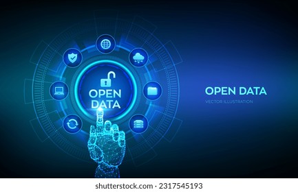 Open data database. Digital file storage system software. Online documentation database technology concept. DMS. Integration API . Robotic hand touching digital interface. Vector illustration.