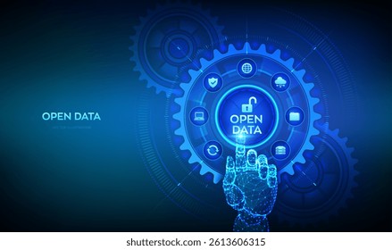 Open data database. Digital file storage system. Online documentation database technology concept. DMS. Integration API. Hand touching digital interface with connected gears cogs and icons. Vector.