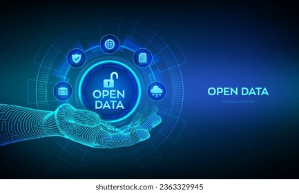 Icono de la base de datos de datos abierta en mano robótica. Software del sistema de almacenamiento de archivos digitales. Concepto de tecnología de base de datos de documentación en línea en pantalla virtual. DMS. API de integración. Ilustración vectorial.