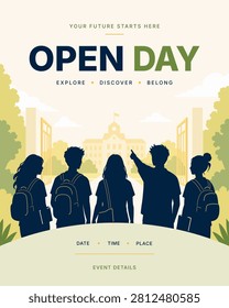 Open day educational visiting poster with student silhouettes and university campus