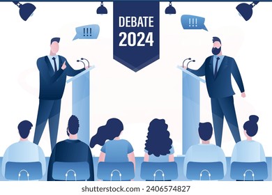 Open debates 2024 before vote. Leaders of political parties conducting intense discussion on public debates. Two male politicians debate on podium. Electorate is listening, election campaign. Vector