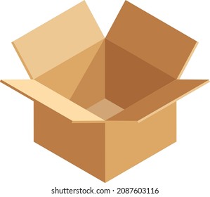 Open delivery box. Empty cardboard package. Isometric crate icon