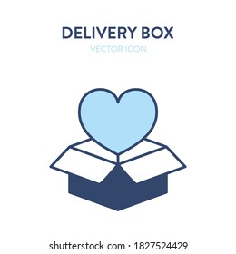 Open delivery box flat isometric icon. Vector illustration of an open gift box with heart shape symbol inside. Postal service logo, parcel package, delivery service icon, wedding gift