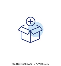 Abra la caja de entrega y el símbolo más. Actualizar de lista de paquetes. Icono de Vector de trazo perfecto y editable