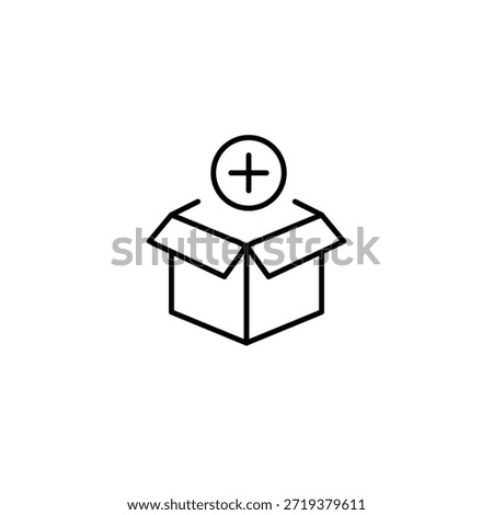 Open delivery box and plus symbol. Package list update. Pixel perfect, editable stroke vector icon