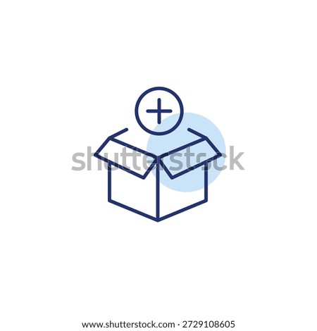 Open delivery box and plus symbol. Package list update. Pixel perfect, editable stroke vector icon