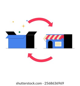 Open Delivery Box And Retail Shop Connected By Arrows In Flat Vector Illustration Symbolizing Product Returns And Reverse Logistics, Isolated On White Background.
