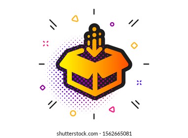 Open delivery parcel sign. Halftone circles pattern. Get box icon. Cargo package symbol. Classic flat get box icon. Vector