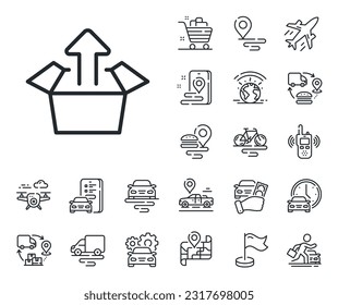 Open delivery parcel sign. Plane, supply chain and place location outline icons. Send box line icon. Cargo package symbol. Send box line sign. Taxi transport, rent a bike icon. Travel map. Vector
