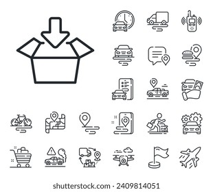 Offenes Paketzeichen für die Lieferung. Symbole der Planen-, Lieferketten- und Platzierungsstruktur. Schreib dir das Symbol der Box-Linie an. Ladungspaket Symbol. Kästchen-Zeilenzeichen holen. Taxi-Transport, mieten Sie ein Fahrradsymbol. Reiseplan. Vektorgrafik