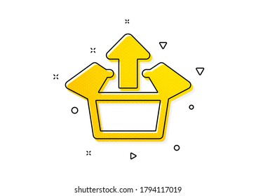 Abrir la señal del paquete de entrega. Icono de la caja de envío. Símbolo del paquete de carga. Patrón de círculos amarillos. Icono de cuadro de envío clásico. Elementos geométricos. Vector