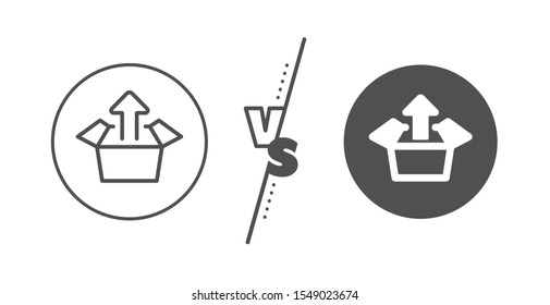 Open delivery parcel sign. Versus concept. Send box line icon. Cargo package symbol. Line vs classic send box icon. Vector