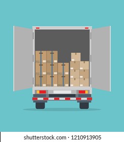 Open delivery truck with cardboard boxes. Isolated on blue background. Transport services, logistics and freight of goods. Flat style, vector illustration. 