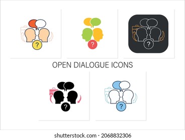 Open dialogue icons set. Dispute resolution.Compromising. Successfully handles, resolves issues sensibly and fairly.Collection of icons in linear, filled, color styles.Isolated vector illustrations