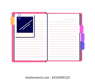 Open diary, blank notebook. Cute pink notepad. Top view of a diary on the desk. Workbook for school, planner, personal organizer. Isolated flat vector illustration