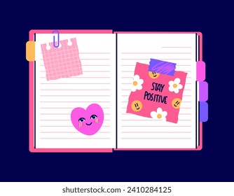 Open diary, blank notebook. Cute pink notepad with stickers, notes, flowers. Top view of a diary on the desk. Workbook for school, planner, personal organizer. Isolated flat vector illustration