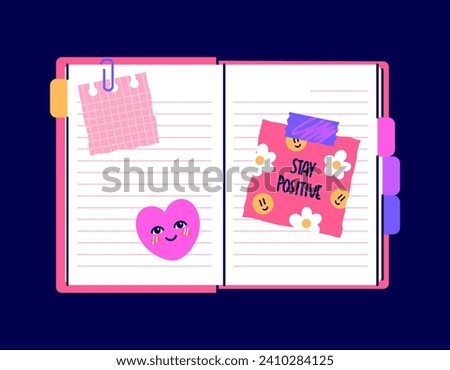 Open diary, blank notebook. Cute pink notepad with stickers, notes, flowers. Top view of a diary on the desk. Workbook for school, planner, personal organizer. Isolated flat vector illustration