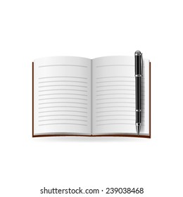 Open diary with blank pages and pen.  Vector