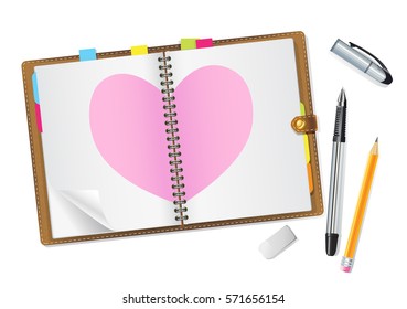 open diary with blank pages with pink heart, pen, pencil. vector