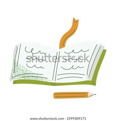 Open diary, open book with bookmark and pencil. Hand drawn doodle illustration