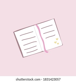 Open diary with a bookmark. Doodle illustration. Hand drawn