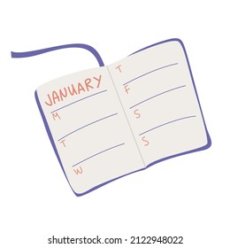 Open diary with goals. Planner. The concept of planning time and achieving goals. Time management. Vector illustration isolated on white background.