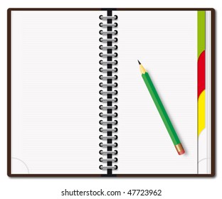 Open diary with the green pencil