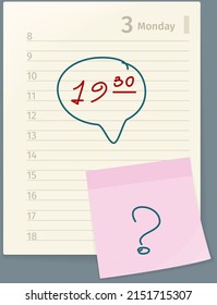 Open diary with meeting notes, planner or notebook vector illustration in flat style. Office and business supplies for lists, reminders, schedules or agendas. Write pen in wish book, question mark