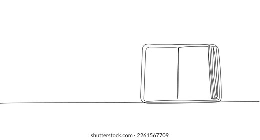 Open diary, notebook, book on the table one line art. Continuous line drawing of book, library, education, school, study, literature, paper, textbook, knowledge, read, learn, page, reading.