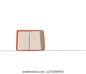 Open diary, notebook, book on the table one line colored art. Continuous line color drawing of book, library, education, school, literature, paper, textbook, knowledge, read, learn, page, reading.