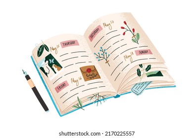 Open diary, notebook with notes, pictures, flowers on pages. Cute paper planner, organizer with leaf, twigs, pen. Notepad for daily, weekly plans. Flat vector illustration isolated on white background