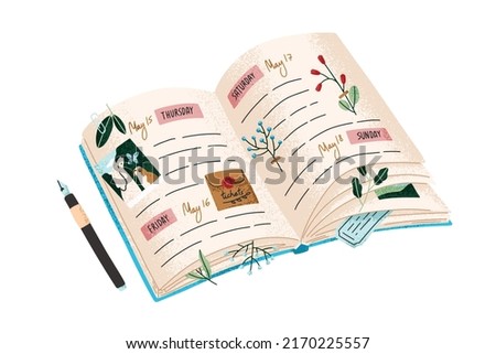 Open diary, notebook with notes, pictures, flowers on pages. Cute paper planner, organizer with leaf, twigs, pen. Notepad for daily, weekly plans. Flat vector illustration isolated on white background