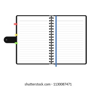 Open diary or personal organizer with empty pages. Isolated on white background daily planner. Vector EPS 10.