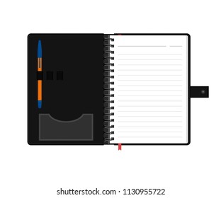 Open diary or personal organizer with empty pages and pen. Isolated on white background daily planner. Vector EPS 10.
