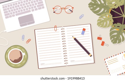 Open diary, planner or notebook concept. Top view workplace with lists, reminders, schedules or agendas. Effective personal planning and organization. Vector illustration in flat cartoon style.