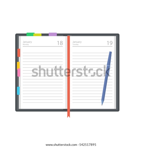 Open diary, planner or notebook vector\
illustration in flat style. Office and business supplies for lists,\
reminders, schedules or agendas.\
