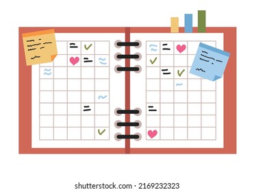 Libro de texto de planificación de agenda abierta aislado sobre el concepto de fondo blanco. Ilustración de elemento de diseño gráfico plano vectorial