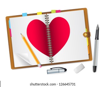 open diary with a red heart