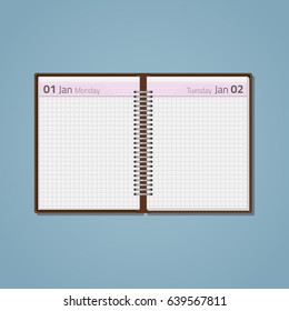 Open a diary template with a pink stripe on the spring, with white blank sheets in the cage. The form of the notebook with the date of the month and the day of the week.