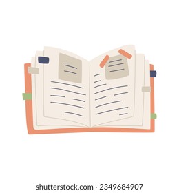 An open diary for writing, notes, planning with stickers and bookmarks. Notepad making notes, diary, planning, reminder. Flat cartoon vector illustration isolated on a white background