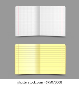 Open different empty school notebook with shadow on gray background. Education copybook in a line and in a cage for writing lessons tasks exercises