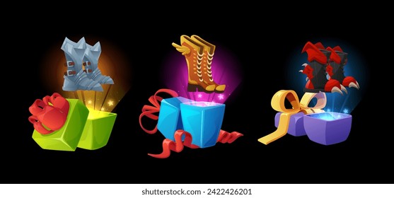 Open different gift boxes with boots prize vector glow set. GUI surprise or reward assets for game interface. Cartoon present packages with metal or leather shoes decorated with buckles, wings, claws