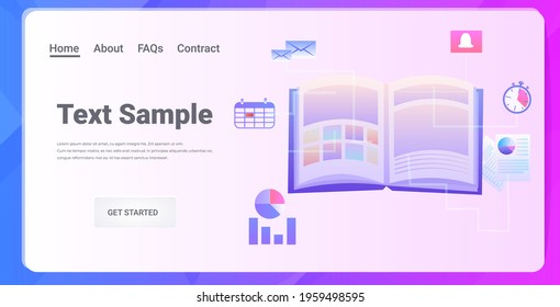 open digital notepad with multitasking icons time management concept horizontal