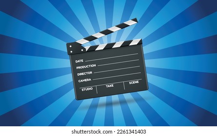 Open Director Clapboard Movie Clapperboard Vektorvorlage - einzeln auf blauem Sonnenburst-Hintergrund