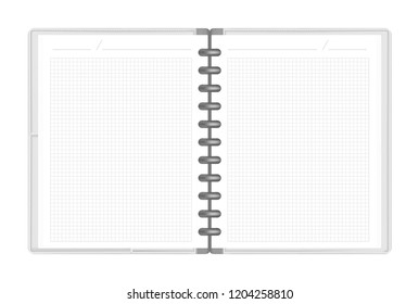 Open Discbound Loose Leaf Notebook With Interior Pocket Top View, Vector Mock Up. Gray Disc Bound Business Diary Spread Isolated On White Background, Template. Hardcover Letter Size Note Book, Mockup